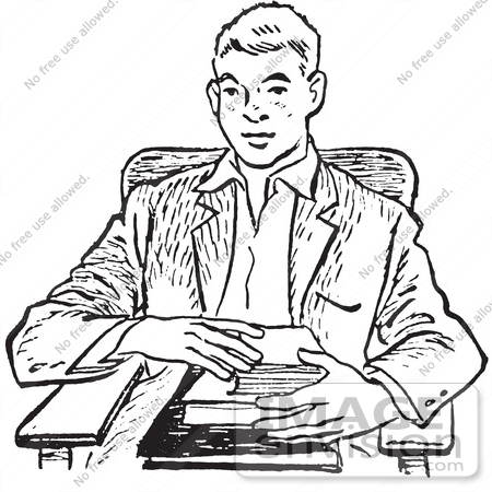 #61446 Retro Clipart Of A Vintage Teenage School Boy With Books At A Desk In Black And White - Royalty Free Vector Illustration by JVPD