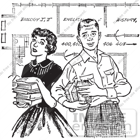 #61449 Retro Clipart Of A Vintage Teenage Couple With Books And School Blueprints  In Black And White - Royalty Free Vector Illustration by JVPD