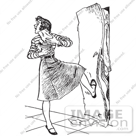 #61454 Retro Clipart Of A Vintage High School Girl With Her Arms Full Of Books, Kicking A Full Locker Shut  In Black And White - Royalty Free Vector Illustration by JVPD