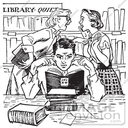 #61456 Retro Clipart Of Vintage Teenage Girls Gossiping Behind A Boy Covering His Ears In A Library In Black And White - Royalty Free Vector Illustration by JVPD