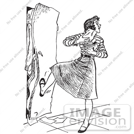 #61457 Retro Clipart Of A Vintage High School Teenage Girl With Her Arms Full Of Books, Kicking A Full Locker Shut  In Black And White - Royalty Free Vector Illustration by JVPD