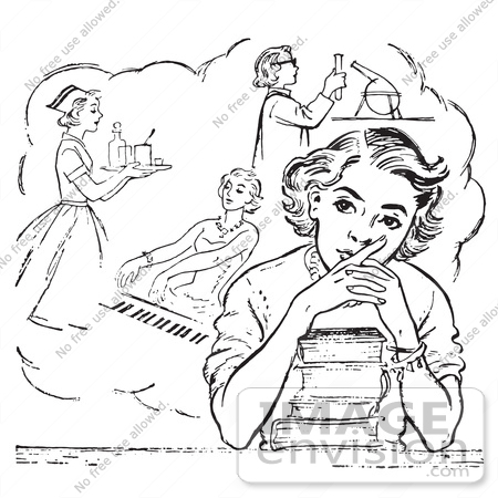 #61458 Retro Clipart Of A Vintage Teen High School Girl Daydreaming Of Careers Over Books In Black And White - Royalty Free Vector Illustration by JVPD
