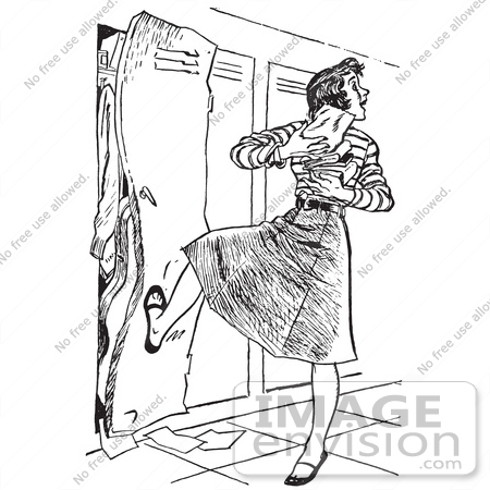 #61459 Retro Clipart Of A Vintage High School Teen Girl With Her Arms Full Of Books, Kicking A Full Locker Shut  In Black And White - Royalty Free Vector Illustration by JVPD