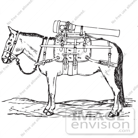 #61464 Retro Clipart Of A Vintage Gun Mule With Weaponry  In Black And White - Royalty Free Vector Illustration by JVPD