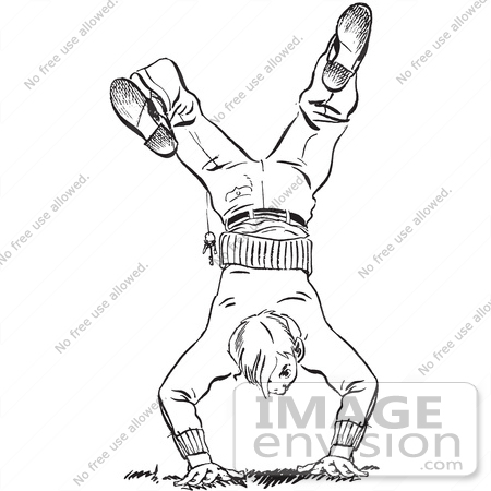 #61470 Retro Clipart Of A Vintage Teenage Boy Break Dancing In Black And White - Royalty Free Vector Illustration by JVPD