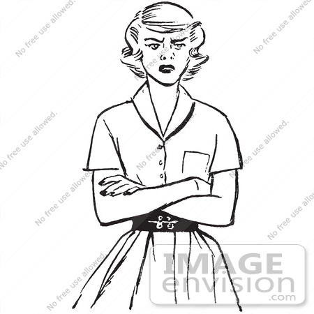 #61471 Retro Clipart Of A Vintage Teen Girl With Folded Arms And An Angry Expression In Black And White - Royalty Free Vector Illustration by JVPD