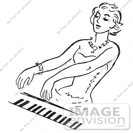 #61473 Retro Clipart Of A Vintage Woman Playing A Pianio In Black And White - Royalty Free Vector Illustration by JVPD
