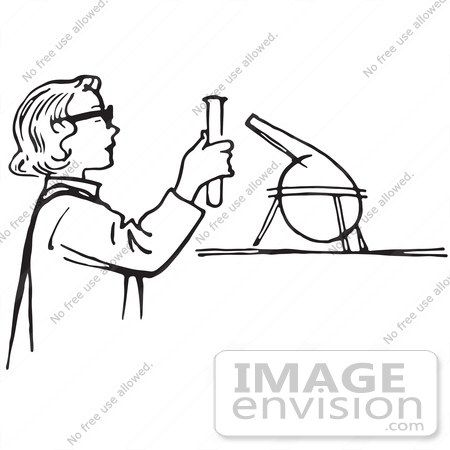 #61474 Retro Clipart Of A Vintage Teen Girl Conducting A Science Experiement In A Lab In Black And White - Royalty Free Vector Illustration by JVPD