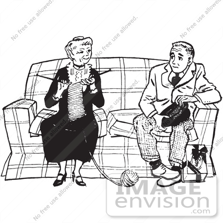 #61475 Retro Clipart Of A Vintage Teenage Boy Talking To A Knitting Lady In Black And White - Royalty Free Vector Illustration by JVPD