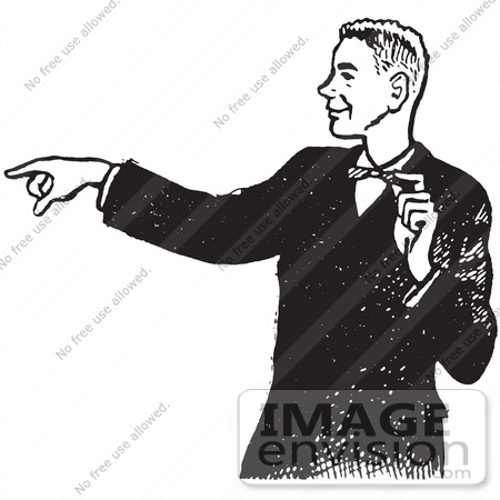 #61476 Retro Clipart Of A Vintage Pointing Teenage Boy In A Tux In Black And White - Royalty Free Vector Illustration by JVPD
