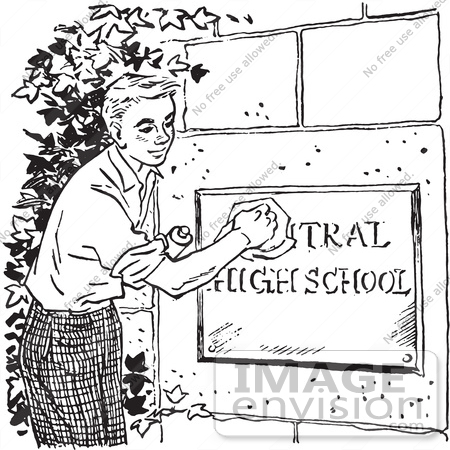 #61482 Retro Clipart Of A Vintage Teenage Boy Polishing A High School Sign In Black And White - Royalty Free Vector Illustration by JVPD