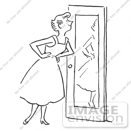 #61489 Retro Clipart Of A Vintage Black And White Lady Smiling At Herself In A Door Mirror - Royalty Free Vector Illustration by JVPD