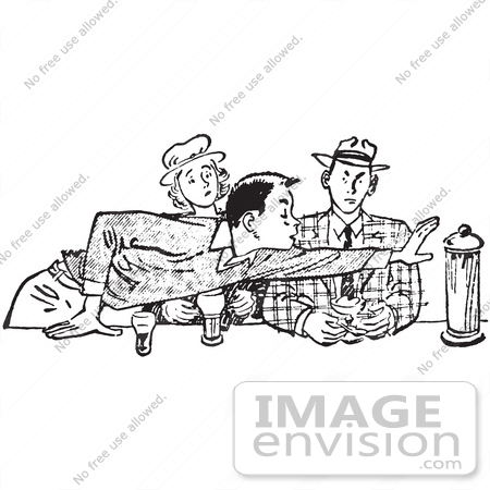 #61490 Retro Clipart Of A Vintage Teenage Couple And Rude Boy Reaching Across A Table In Black And White - Royalty Free Vector Illustration by JVPD