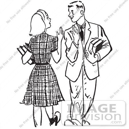 #61491 Retro Clipart Of A Vintage Teenage Couple Waving While Passing At School In Black And White - Royalty Free Vector Illustration by JVPD