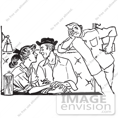 #61492 Retro Clipart Of A Vintage Annoued Chaperone Watching A Teenage Couple Swooning At A Diner In Black And White - Royalty Free Vector Illustration by JVPD