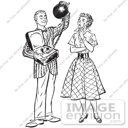 #61493 Retro Clipart Of A Vintage Teenage Boy Offering His Girlfriend Commitment As A Ball And Chain In Black And White - Royalty Free Vector Illustration by JVPD