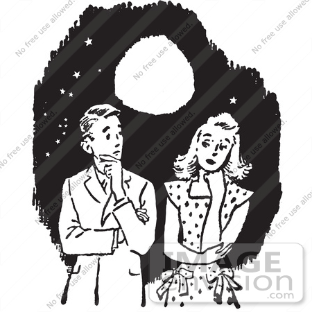#61494 Retro Clipart Of A Vintage Awkward Teenage Couple Thinking Under A Full Moon In Black And White - Royalty Free Vector Illustration by JVPD