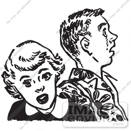 #61496 Retro Clipart Of A Vintage Teenage Couple Looking Shocked In Black And White - Royalty Free Vector Illustration by JVPD