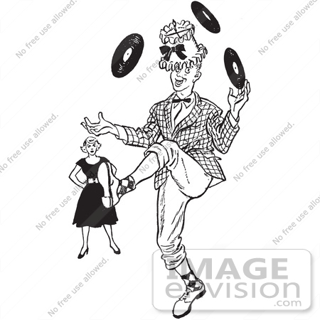 #61497 Retro Clipart Of A Vintage Annoyned Woman Watching A Teenage Boy Showing Off His Juggling Talents In Black And White - Royalty Free Vector Illustration by JVPD