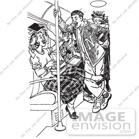 #61500 Retro Clipart Of A Vintage Teenage Boy Flirting With A Girl On A School Bus In Black And White - Royalty Free Vector Illustration by JVPD