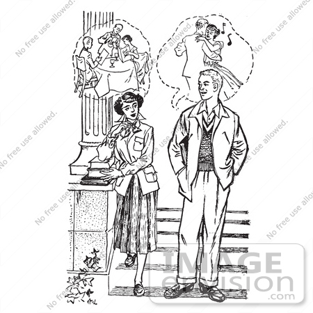 #61502 Retro Clipart Of A Vintage Teenage Couple Thinking Of How Their Dating Life Would Be In Black And White - Royalty Free Vector Illustration by JVPD