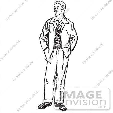 #61503 Retro Clipart Of A Vintage Teenage Guy Standing With His Hands In His Pockets In Black And White - Royalty Free Vector Illustration by JVPD