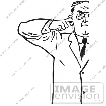 #61504 Retro Clipart Of A Vintage Cut Off Man Plugging His Ear In Black And White - Royalty Free Vector Illustration by JVPD