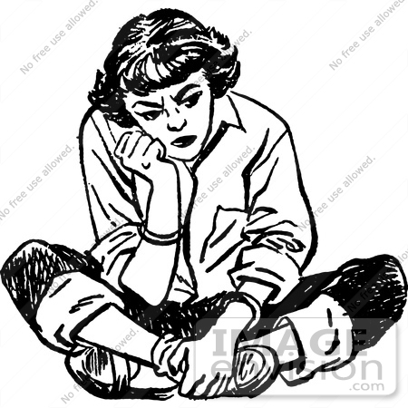 #61507 Retro Clipart Of A Vintage Teenage Girl Pouting And Sitting On The Floor In Black And White - Royalty Free Vector Illustration by JVPD