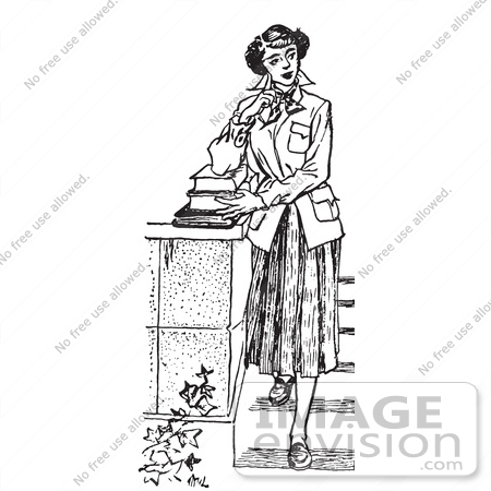 #61508 Retro Clipart Of A Vintage Teenage Girl Looking Thoughtful And Standing With Books On Steps In Black And White - Royalty Free Vector Illustration by JVPD