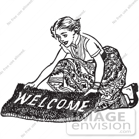 #61510 Retro Clipart Of A Vintage Teenage Girl Laying Out A Welcome Matt For Boys In Black And White - Royalty Free Vector Illustration by JVPD