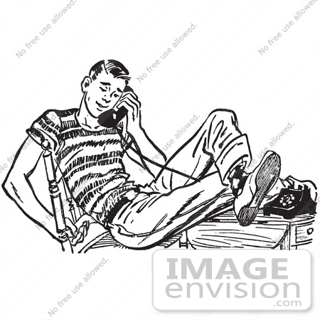 #61513 Retro Clipart Of A Vintage Teenage Boy Flirting With His Girlfriend On A Telephone In Black And White - Royalty Free Vector Illustration by JVPD
