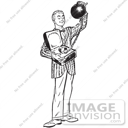 #61514 Retro Clipart Of A Vintage Teenage Boy Offering Commitment As A Ball And Chain In Black And White - Royalty Free Vector Illustration by JVPD