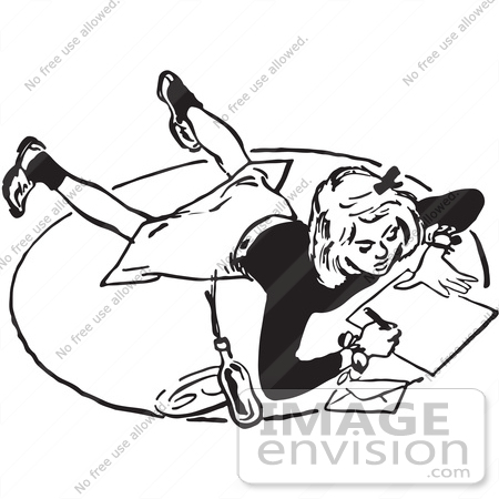 #61516 Retro Clipart Of A Vintage Teenage Girl Writing A Letter On A Floor In Black And White - Royalty Free Vector Illustration by JVPD