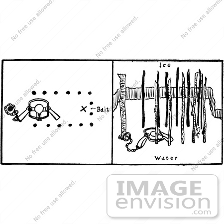 #61568 Clipart Of An Otter Water Trap Set Under Ice In Black And White - Royalty Free Vector Illustration by JVPD