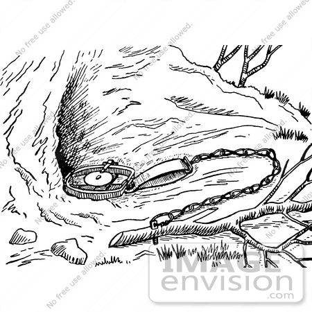 #61569 Clipart Of A Trap Set In The Correct Position In Front Of An Animal Den In Black And White - Royalty Free Vector Illustration by JVPD
