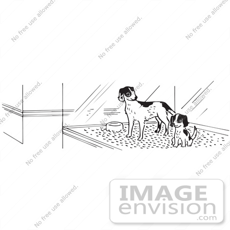 #61592 Clipart Of Puppies In A Pet Store Window In Black And White - Royalty Free Vector Illustration by JVPD