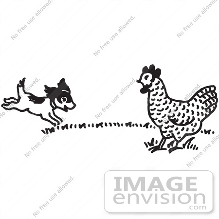 #61593 Clipart Of A Happy Puppy And Chicken Black And White - Royalty Free Vector Illustration by JVPD