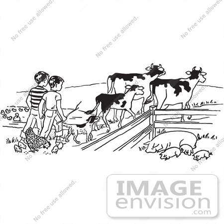 #61596 Clipart Of Boys Tending To Cattle Chickens And Pigs On A Farm In Black And White - Royalty Free Vector Illustration by JVPD
