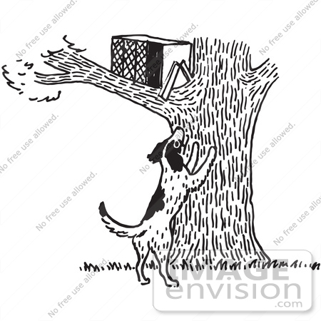 #61597 Clipart Of A Dark Barking At An Animal Trap In A Tree In Black And White - Royalty Free Vector Illustration by JVPD