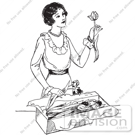 #61604 Clipart Of A Retro Woman Opening A Box Of Tulips In Black And White - Royalty Free Vector Illustration by JVPD