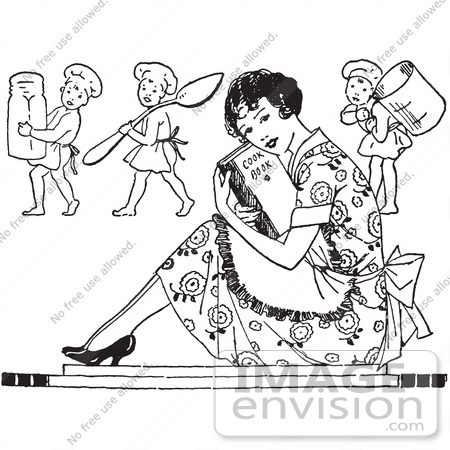 #61605 Clipart Of A Retro Housewife Sitting With A Cook Book And Cherub Chefs In Black And White - Royalty Free Vector Illustration by JVPD
