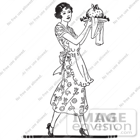 #61606 Clipart Of A Retro Woman Carrying Plum Pudding On A Plate In Black And White - Royalty Free Vector Illustration by JVPD