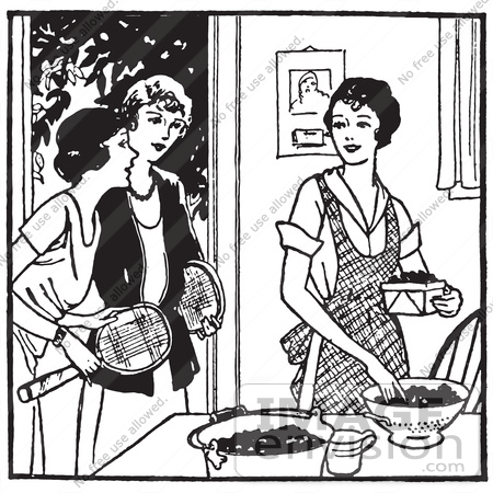 #61610 Clipart Of A Retro Woman Sorting Berries And Friends Asking Her To Play Tennis In Black And White - Royalty Free Vector Illustration by JVPD