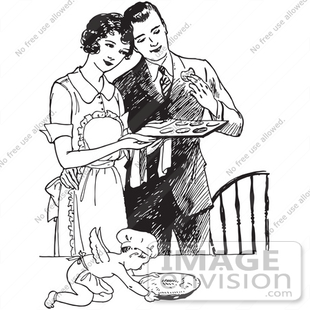 #61613 Clipart Of A Retro Cherub Chef And Wife Serving Her Husband Fresh Cookies In Black And White - Royalty Free Vector Illustration by JVPD