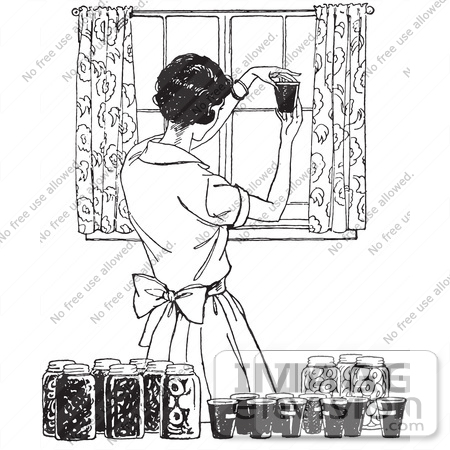 #61614 Clipart Of A Retro Housewife Canning Foods In Black And White - Royalty Free Vector Illustration by JVPD