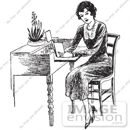 #61616 Clipart Of A Retro Woman Reading At A Desk In Black And White - Royalty Free Vector Illustration by JVPD
