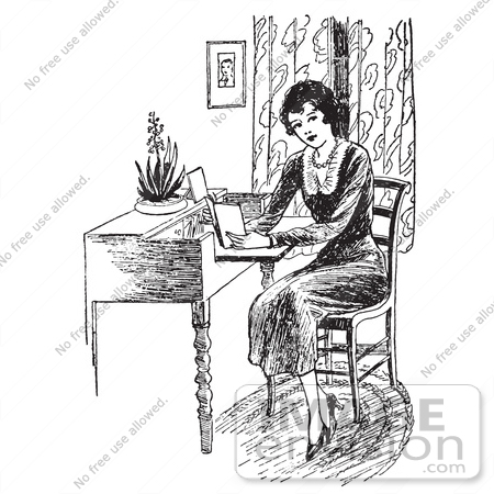 #61617 Clipart Of A Retro Woman Reading A Book At A Desk In Black And White - Royalty Free Vector Illustration by JVPD
