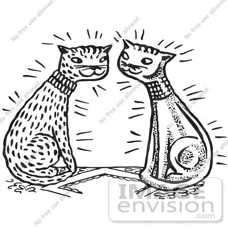 #61618 Clipart Of A Happy Cat Couple In Black And White - Royalty Free Vector Illustration by JVPD