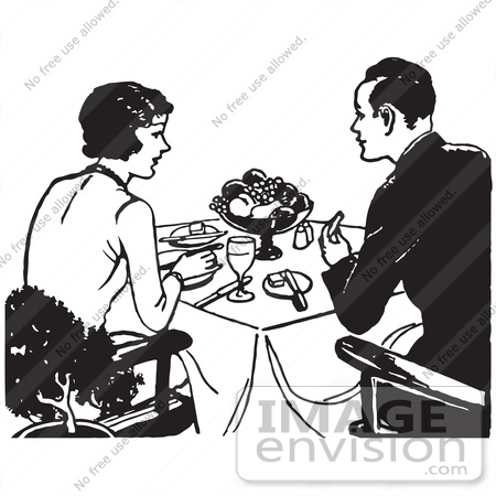 #61619 Clipart Of A Retro Couple Eating A Meal In Black And White - Royalty Free Vector Illustration by JVPD