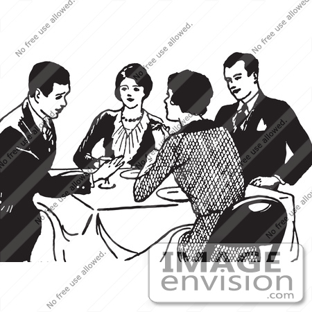 #61621 Clipart Of Retro Couples Talking At A Dinner Table In Black And White - Royalty Free Vector Illustration by JVPD
